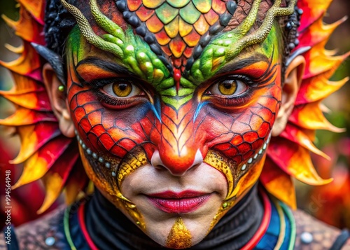 Vibrant Dragon Face Paint Design with Scales, Claws, and Fiery Colors for Festivals and Events