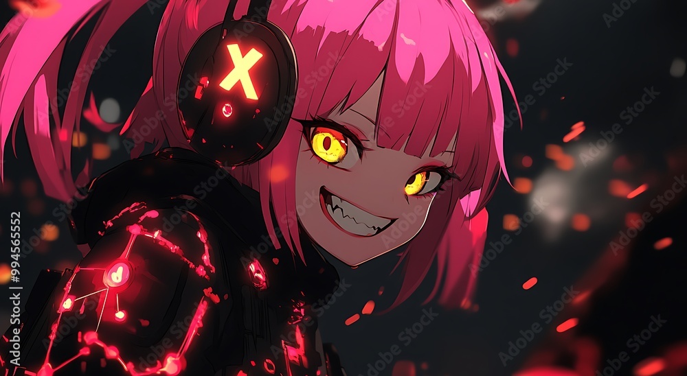 Cyberpunk Anime Girl with Pink Hair and Yellow Eyes Wearing Headphones Cyberpunk Anime Girl with Pink Hair and Yellow Eyes Wearing Headphones