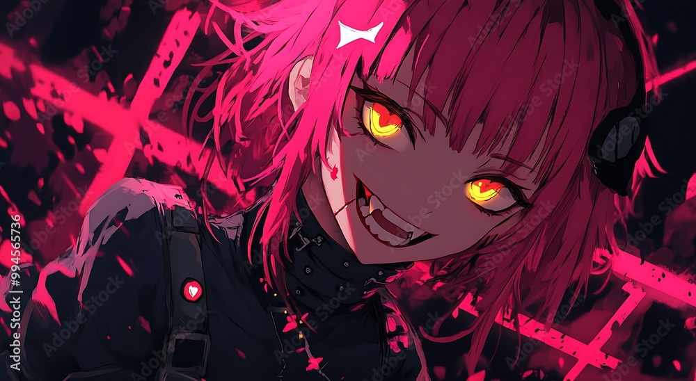 Anime girl with pink hair and yellow eyes, dark background, digital art Anime girl with pink hair and yellow eyes, dark background, digital art