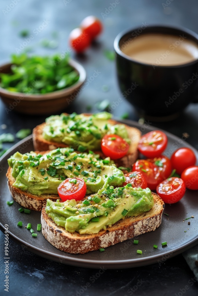 An avocado toast on sourdough bread with chives, coriander and cherry tomatoes served with a cup of coffee on a wooden board. This is a healthy vegan breakfast fit for any occasion. An avocado toast on sourdough bread with chives, coriander and cherry tomatoes served with a cup of coffee on a wooden board. This is a healthy vegan breakfast fit for any occasion.