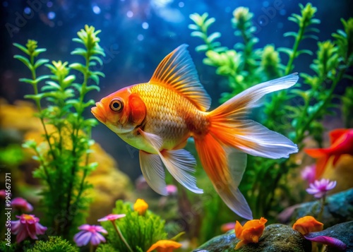 Vibrant fin goldfish swimming gracefully in a clear aquarium with colorful aquatic plants around it