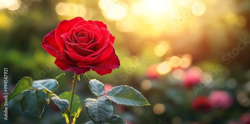 This close-up captures the delicate petals and green leaves of a red rose standing tall against a warm, blurred background. Suitable for nature and romance themes.