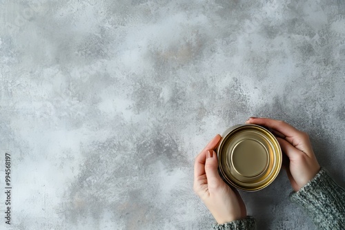 With empty can in hand, man is holding aluminum canned food.