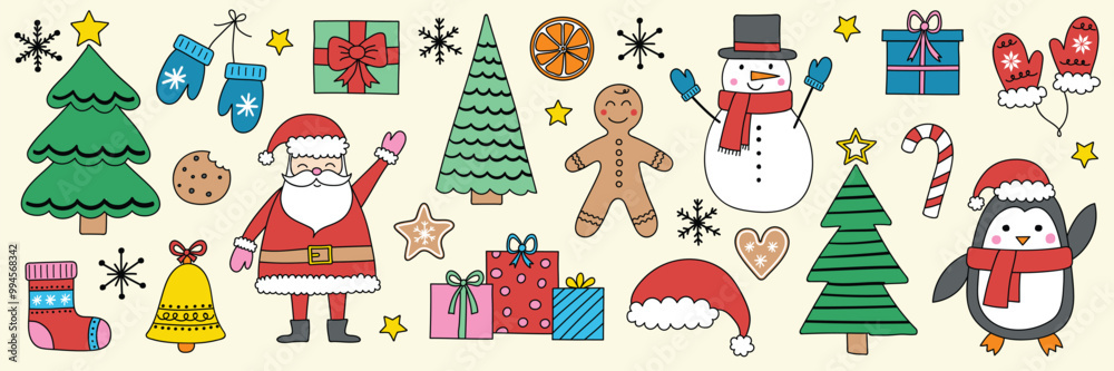 Christmas ornament design set. Hand drawn X-Mas elements: Santa Claus, tree, snowman, cookie, present. Clipart design. Vector illustration Christmas ornament design set. Hand drawn X-Mas elements: Santa Claus, tree, snowman, cookie, present. Clipart design. Vector illustration
