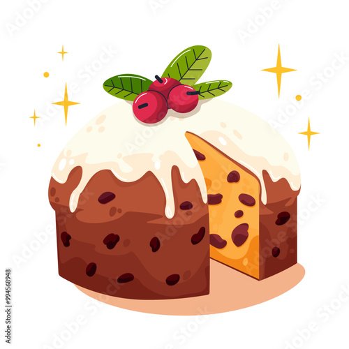 Italian panettone.  Traditional Italian Christmas pastries. Christmas cake. National Sweet bakery. Panettone sweet bread Merry Christmas holiday. Vector for stickers, ad, patterns, greeting card