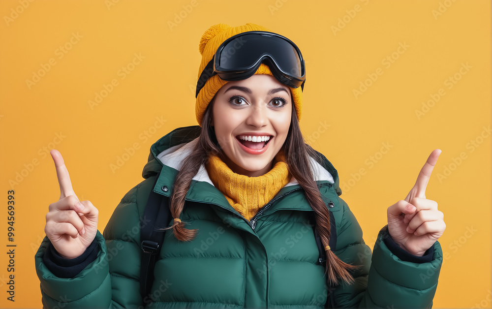Portrait of a young happy woman in a knitted hat, a warm jacket, ski goggles on a plain background. Advertising photo. Content for a ski clothing store. Portrait of a young happy woman in a knitted hat, a warm jacket, ski goggles on a plain background. Advertising photo. Content for a ski clothing store.