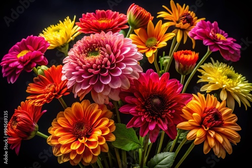 Vibrant Flowers in Full Bloom Against a Striking Black Background for Dramatic Visual Impact