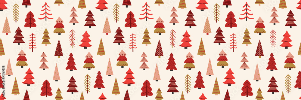 Obraz premium Christmas tree seamless texture in cartoon style. Wallpaper and wrapping paper design. Vector illustration