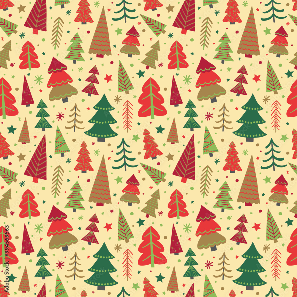 Colourful Christmas tree pattern with hand drawn decorations. Holiday background design. Vector illustration