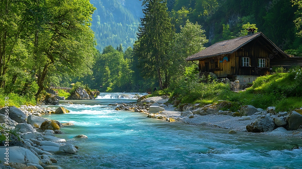 Wooden cabin by the river in the mountains with lush green forest and blue sky Wooden cabin by the river in the mountains with lush green forest and blue sky