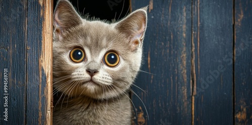 A curious gray cat peeks through a door. This is a great image for pet lovers and animal photographers.