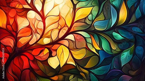 Abstract, colorful stained glass background with flowing leaves and swirls