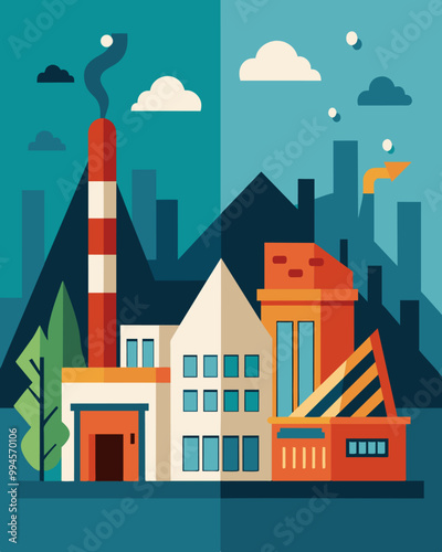 A photo of a bustling factory from before the economic downturn next to a desolate abandoned factory in the present showing the impact on manufacturing and industrial sectors.. Vector illustration