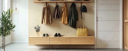 Minimalist Scandinavian entryway with a custom-built wooden organizer for coats and shoes, and a simple bench for seating