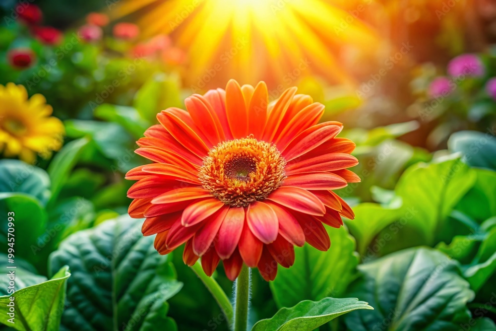 Vibrant Gerbera Daisy Bloom in Garden with Bright Petals and Lush Green Leaves Under Sunshine Vibrant Gerbera Daisy Bloom in Garden with Bright Petals and Lush Green Leaves Under Sunshine
