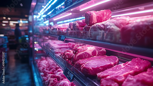 Meat aisle with various cuts displayed in a refrigerated grocery section. close-up of a meat fridge in a grocery store filled with various cuts of fresh meat various cuts of beef, pork and other meats