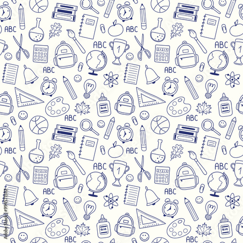 School background with hand drawn icons. Seamless pattern. Vector illustration