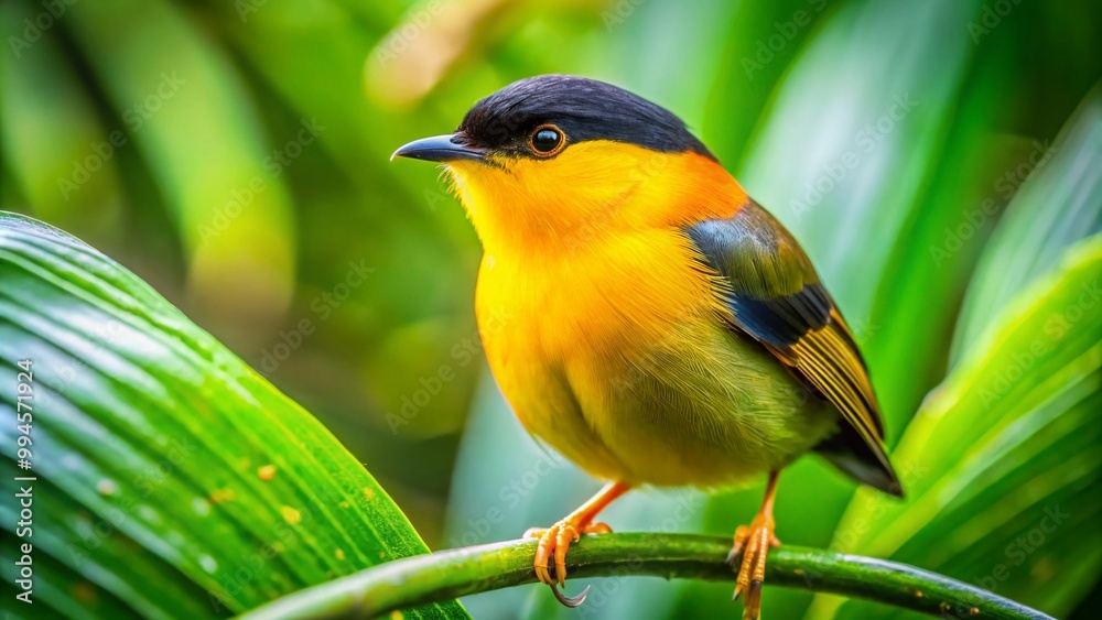 Obraz premium Vibrant Golden Collared Manakin Perched Among Green Leaves in Lush Tropical Environment