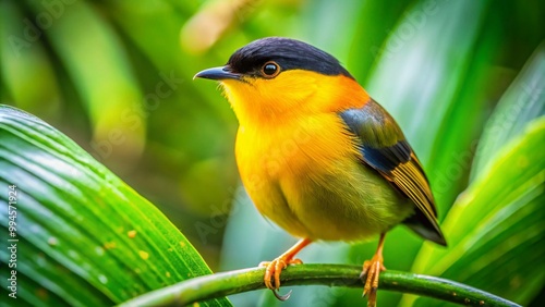 Vibrant Golden Collared Manakin Perched Among Green Leaves in Lush Tropical Environment photo