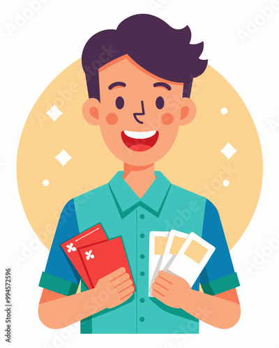 A young adult beaming with satisfaction as they hand over their coupons and see the total cost drastically reduced.. Vector illustration