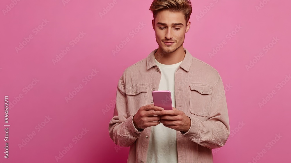 Man in casual clothes uses phone.