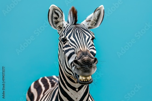 Smiling zebra against blue background