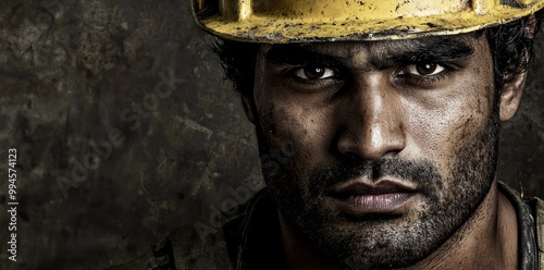 In this image, a construction worker in a hard hat looks directly at the camera. His serious expression shows dedication to his job. photo