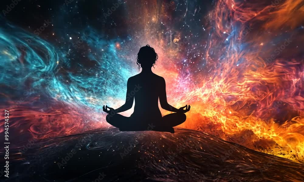 A silhouette meditating amidst a cosmic, colorful nebula backdrop. A silhouette meditating amidst a cosmic, colorful nebula backdrop.
