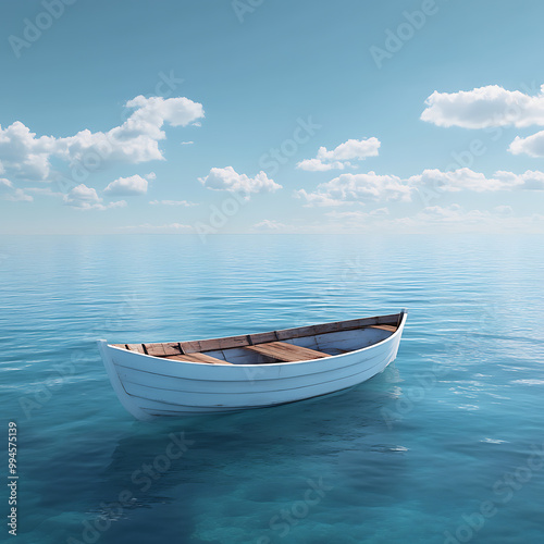 An Isolated Boat Gently Floating on the Blue Sea Waves picture