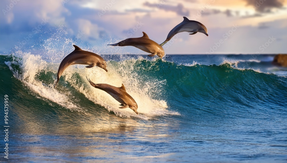 Fototapeta premium Playful dolphins jumping over breaking waves. Hawaii Pacific Ocean wildlife scenery. Marine