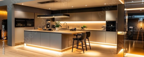 Minimalist Scandinavian kitchen with handleless cabinets, a central island with bar seating, and integrated LED lighting photo