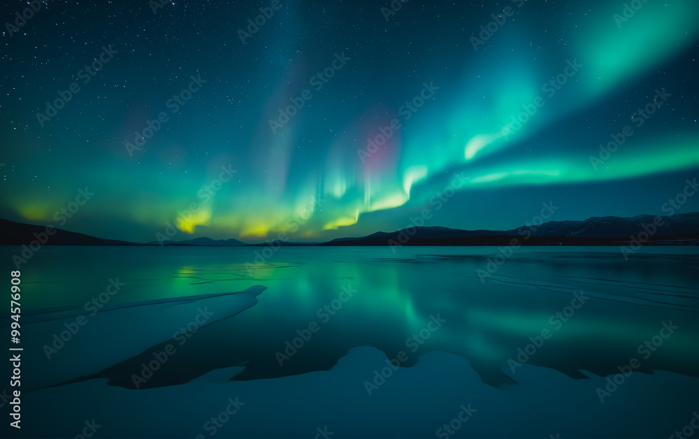 Naklejka premium Stunning winter landscape: the night sky with the northern lights reflected in the water of a mountain lake. Night winter landscape with aurora. Borealis.