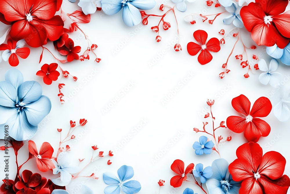 Floral Frame with Red and Blue Flowers on White Background Floral Frame with Red and Blue Flowers on White Background