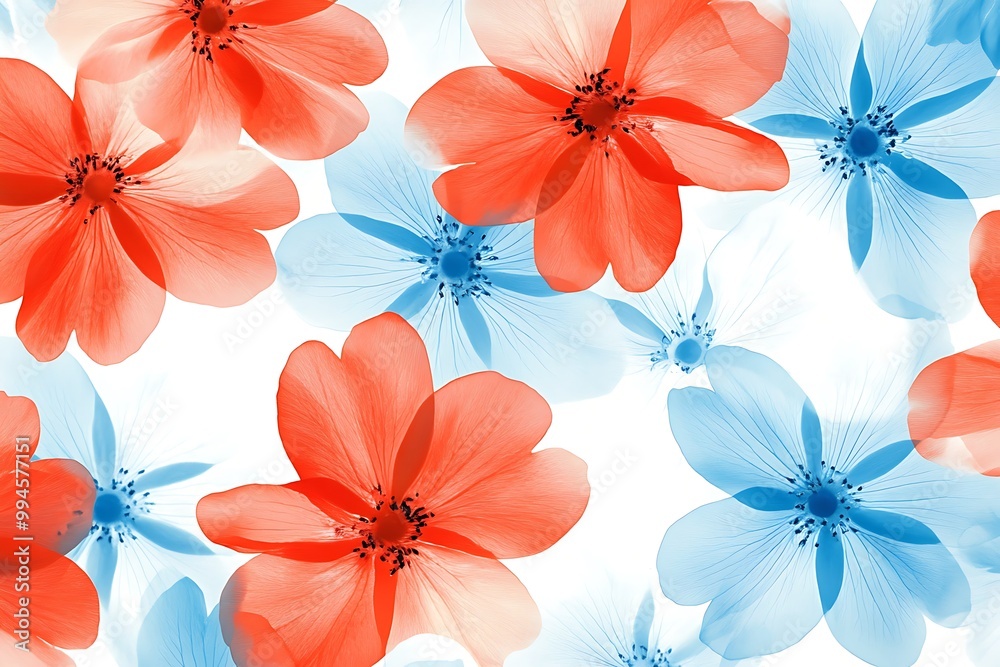Obraz premium Abstract Floral Pattern, Orange and Blue Watercolor Flowers on White Background