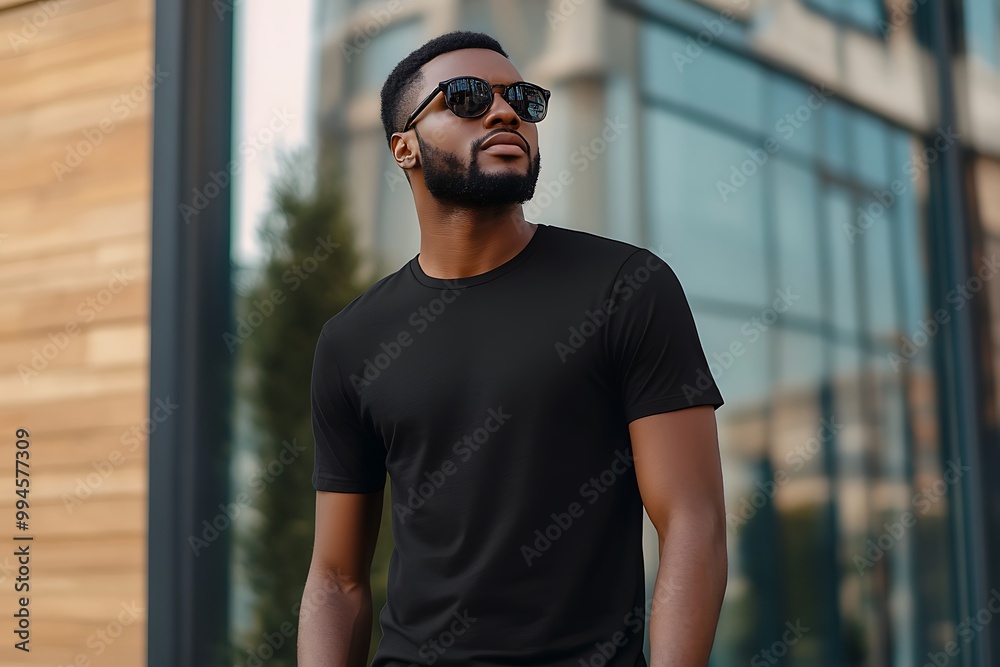 Black T Shirt Mockup, Man wearing a blank black crew neck tee, perfect for design and branding Black T Shirt Mockup, Man wearing a blank black crew neck tee, perfect for design and branding
