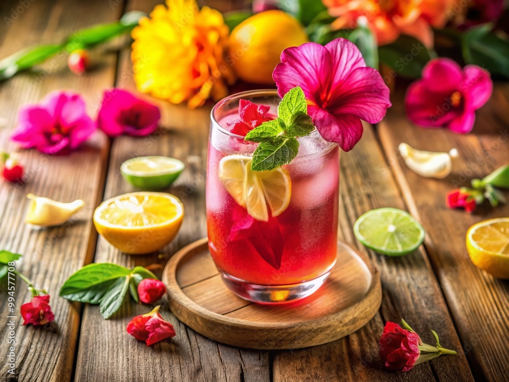 Vibrant Hibiscus Cocktail Garnished with Fresh Flowers and Citrus Slices on a Wooden Table Setting Vibrant Hibiscus Cocktail Garnished with Fresh Flowers and Citrus Slices on a Wooden Table Setting