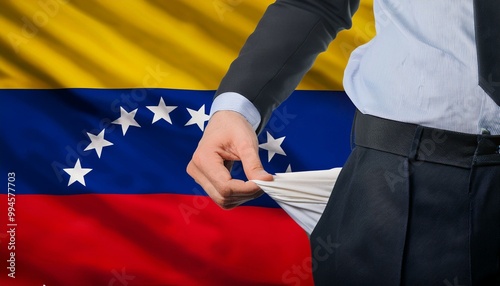 Wallpaper Mural Close-up of a hand in a suit showing an empty pair of pants in front of the Venezuela flag. Topic Crisis and unemployment in Venezuela Torontodigital.ca