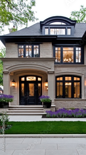 The inviting front porch showcases lanterns illuminating dark blue doors, framed by lush lavender flowers and vibrant greenery in planters