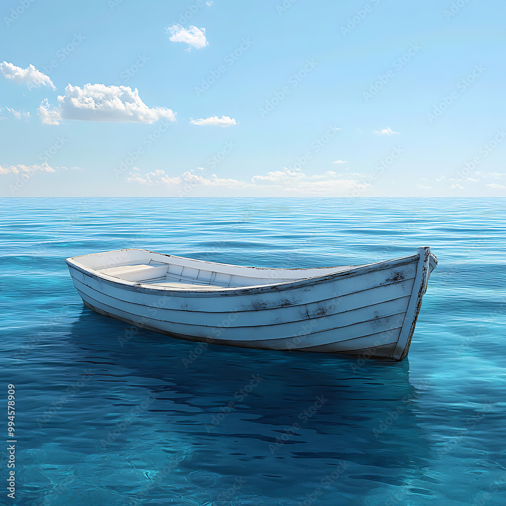 Fototapeta premium Empty Boat Swaying Peacefully on Tranquil Ocean Waves picture