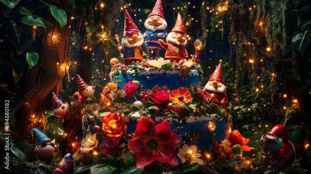 Fototapeta premium Creating a magical garden scene with edible gnomes, colorful mushrooms, and vibrant flowers on a whimsical cake.