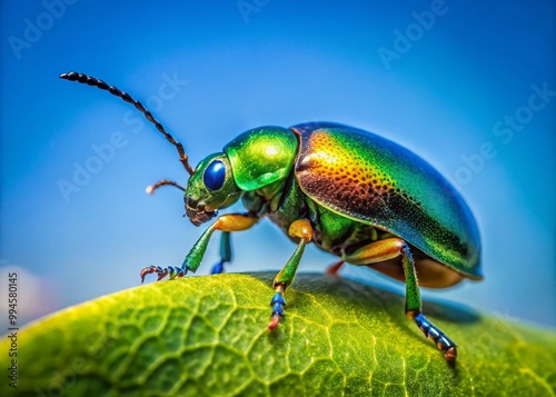 Vibrant Jolly Beetle Crawling on Green Leaf in Natural Habitat Under Bright Sunlight and Blue Sky