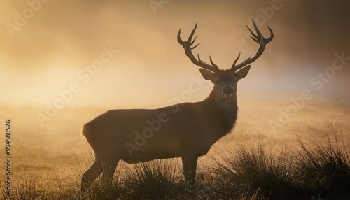 Red deer stag silhouette in the mist . steam comes out of his mouth 