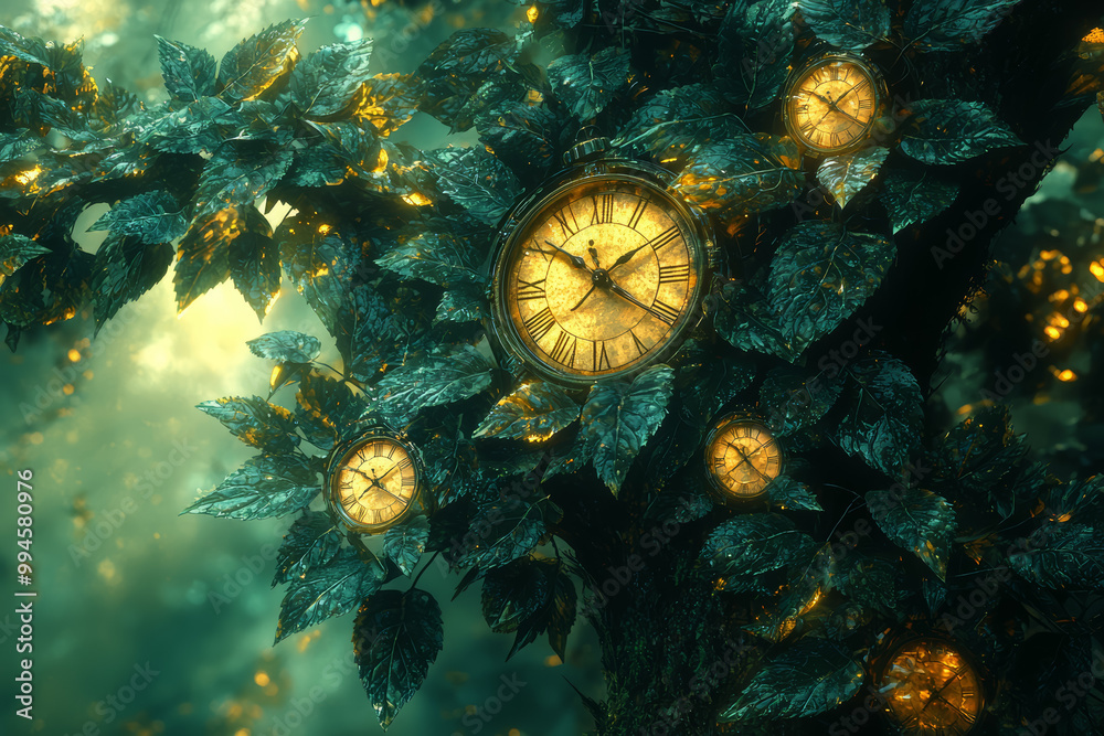 Φωτογραφία A forest of trees with leaves made of clock faces, each ticking away, representing the relentless passage of time and the need for conservation