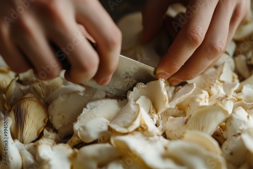 There is a person cutting mushrooms with a knife, and mushrooms are scattered across the cutting board. They are focused on their task, and the scene is calm and peaceful.