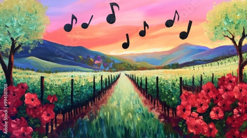 Visual melody created by impressionist painting of grapevines floating off the canvas at golden hour photo