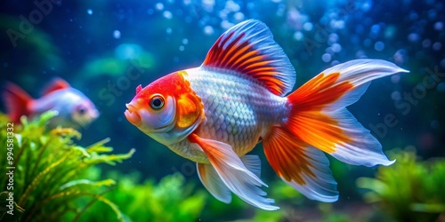 Vibrant Lionhead Oranda Goldfish Swimming Gracefully in a Crystal Clear Aquarium Setting photo