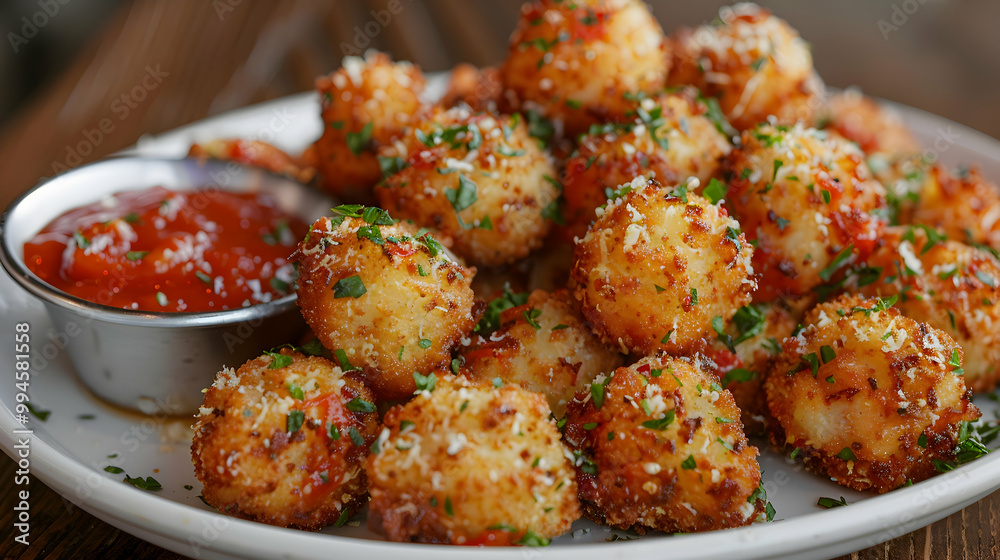 A plate of crispy mac and cheese bites with a side of marinara sauce, captured using an ultra HD camera with a ring light for even illumination A plate of crispy mac and cheese bites with a side of marinara sauce, captured using an ultra HD camera with a ring light for even illumination