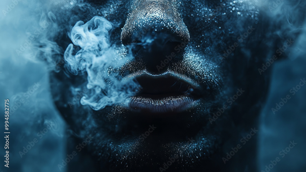 Close-up of a man's face with smoke, creating a mysterious effect Close-up of a man's face with smoke, creating a mysterious effect