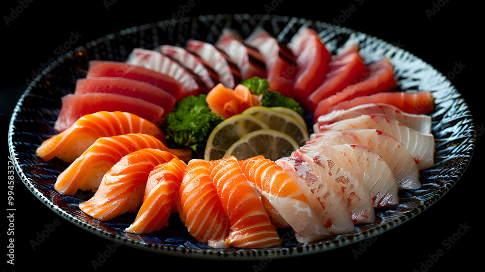 A plate of fresh sashimi with thinly sliced fish, captured using an ultra HD camera with a ring light for even illumination A plate of fresh sashimi with thinly sliced fish, captured using an ultra HD camera with a ring light for even illumination