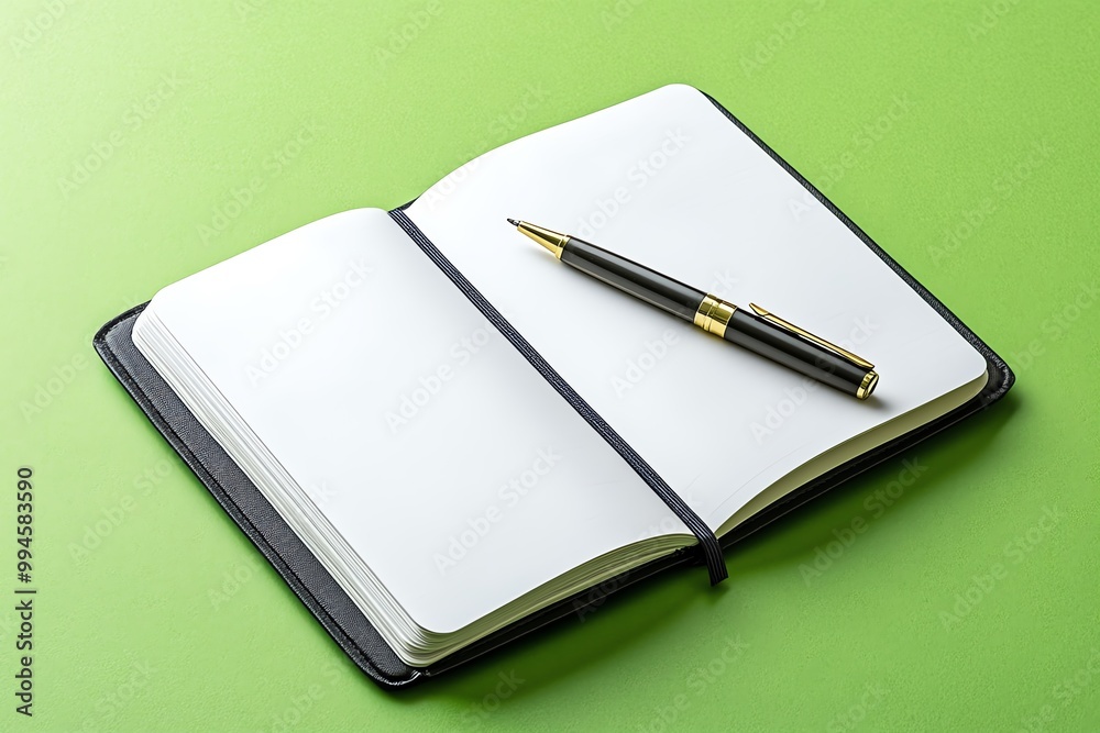 A single open notebook with a pen lying across the page, ready to be filled with ideas A single open notebook with a pen lying across the page, ready to be filled with ideas